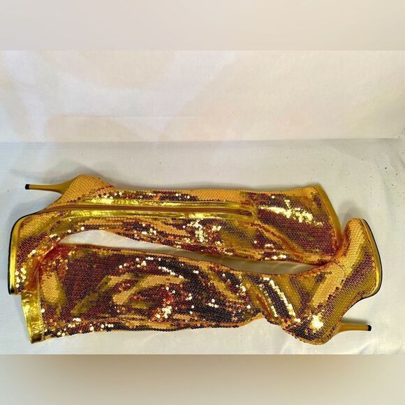 GOLD THIGH HIGH SEQUIN BOOTS w INSIDE ZIPPER 4” HEEL - Picture 2 of 5